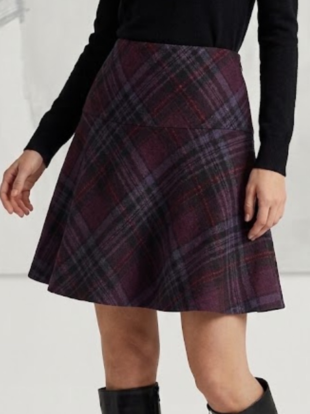 🍓🍕🪻Ralph Lauren Wool Tartan Plaid A-Line Skirt | Purple Black Preppy | 2 Petite